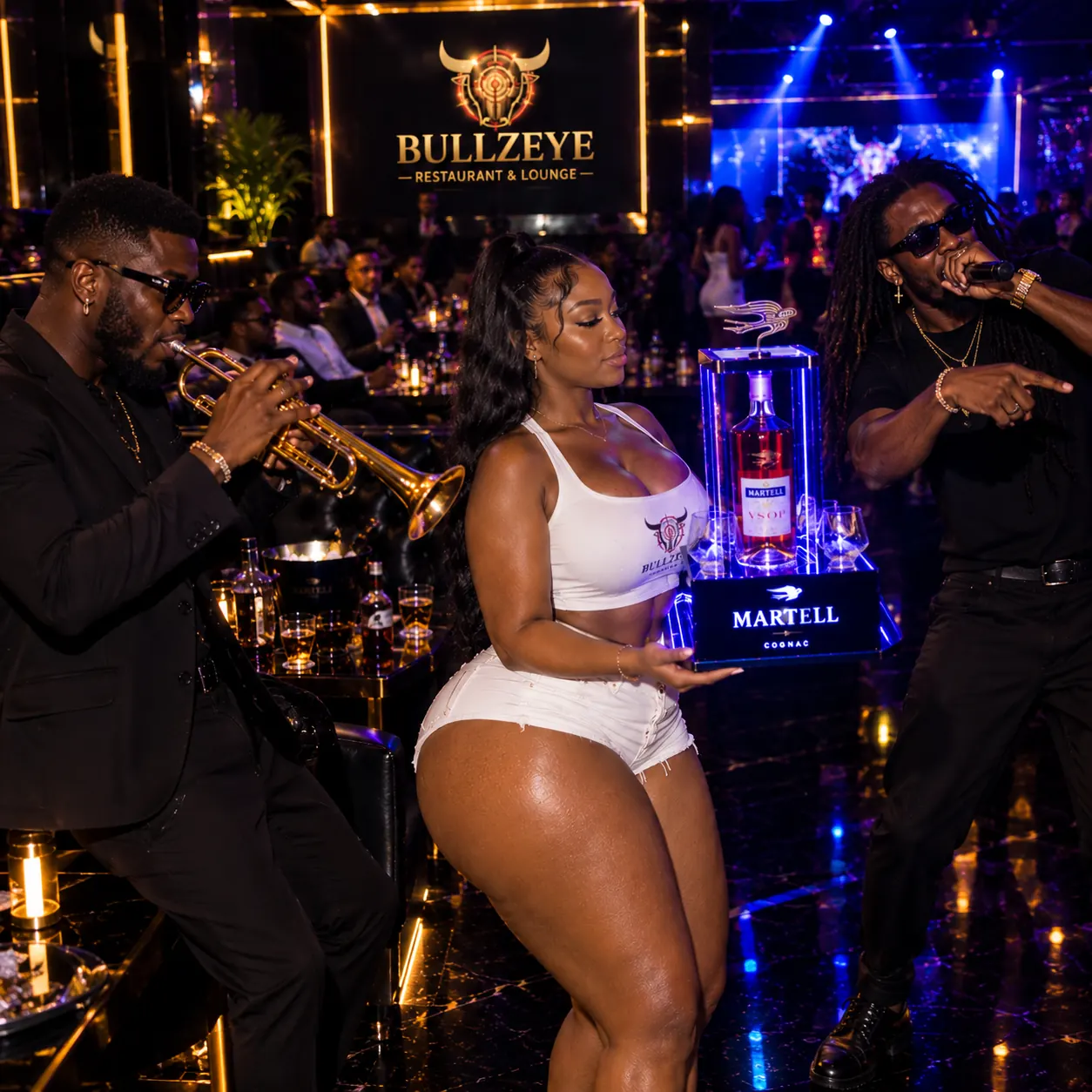 Martell bottle-service presentation with a trumpeter and hypeman in the lounge