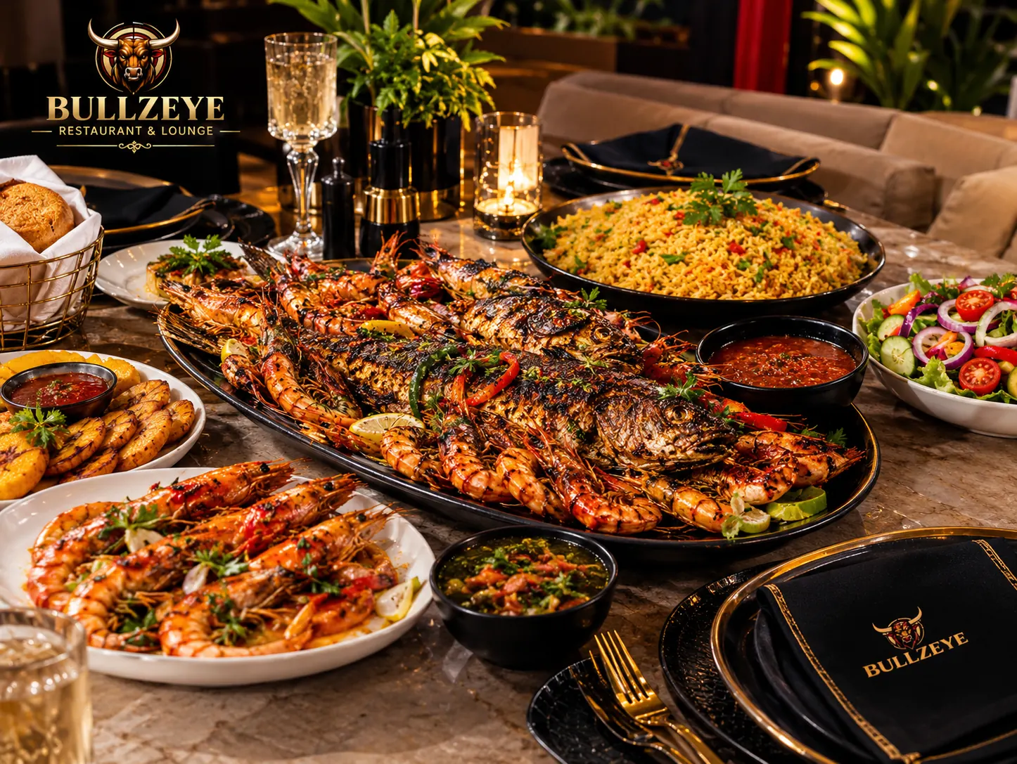 Seafood platter of grilled prawns and fish with rice, plantain and salad