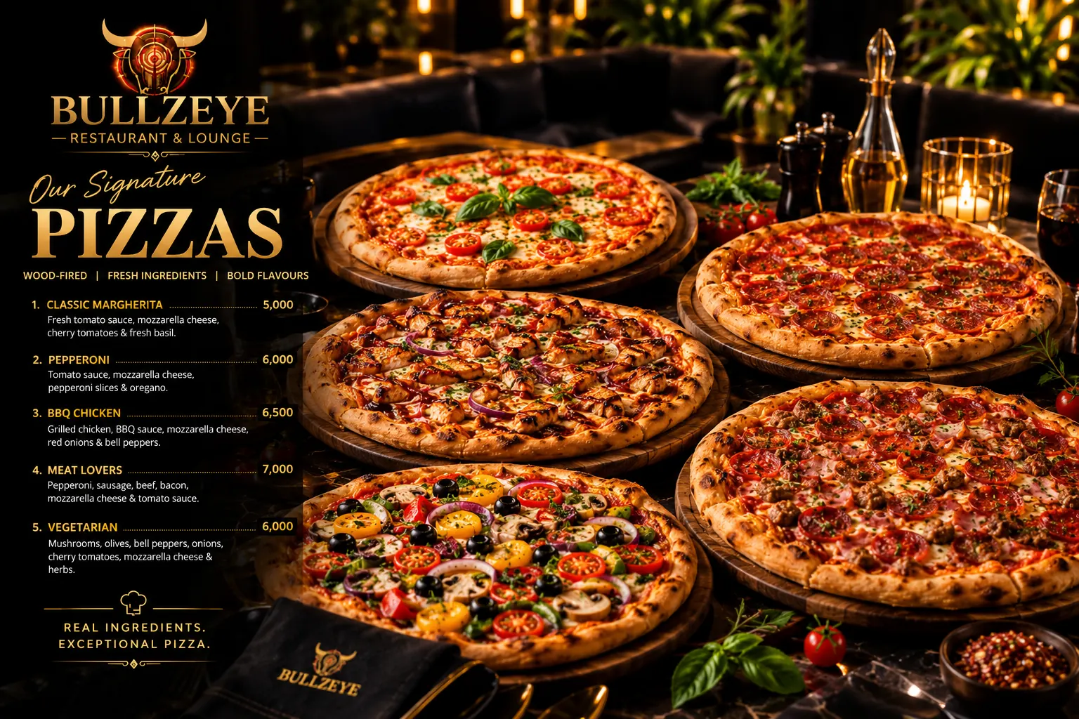 Bullzeye signature pizzas menu board with prices beside wood-fired pizzas