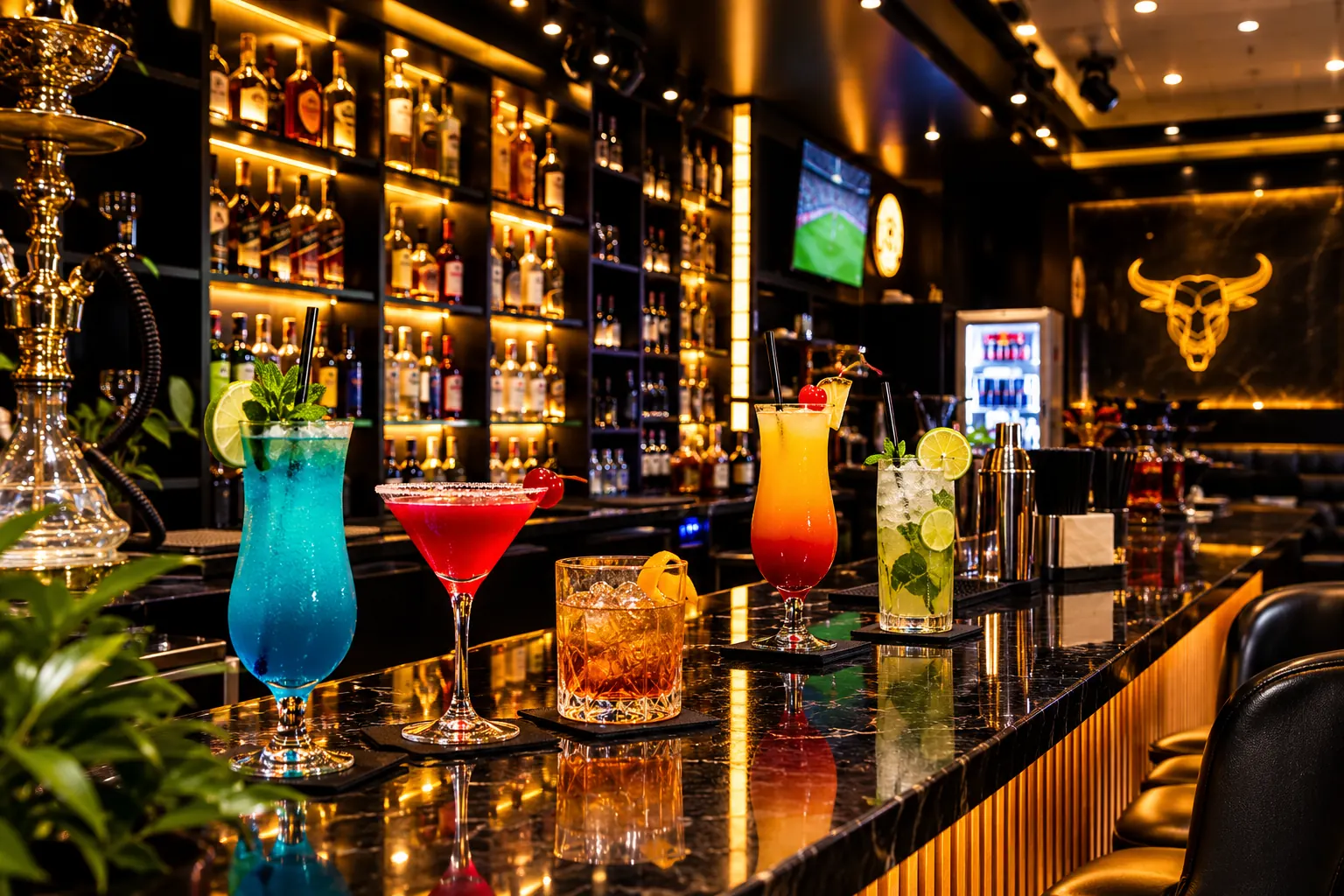 Row of colourful cocktails on the black marble bar counter