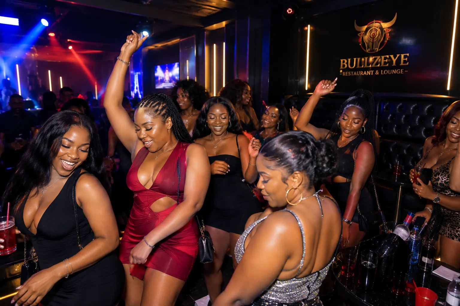 Guests dancing in the lounge under red and blue lights