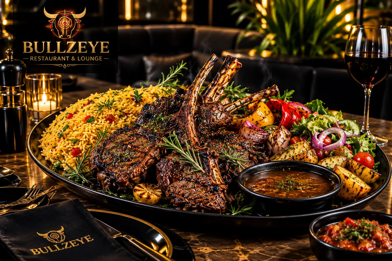 Grilled lamb chops with jollof rice, grilled vegetables and sauces on a black platter