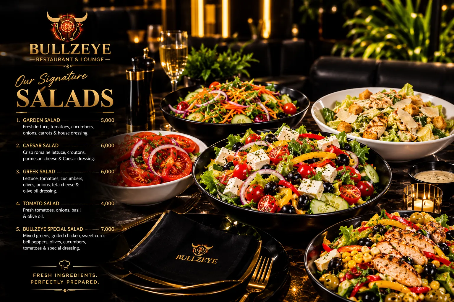 Bullzeye signature salads menu board with prices beside bowls of salad
