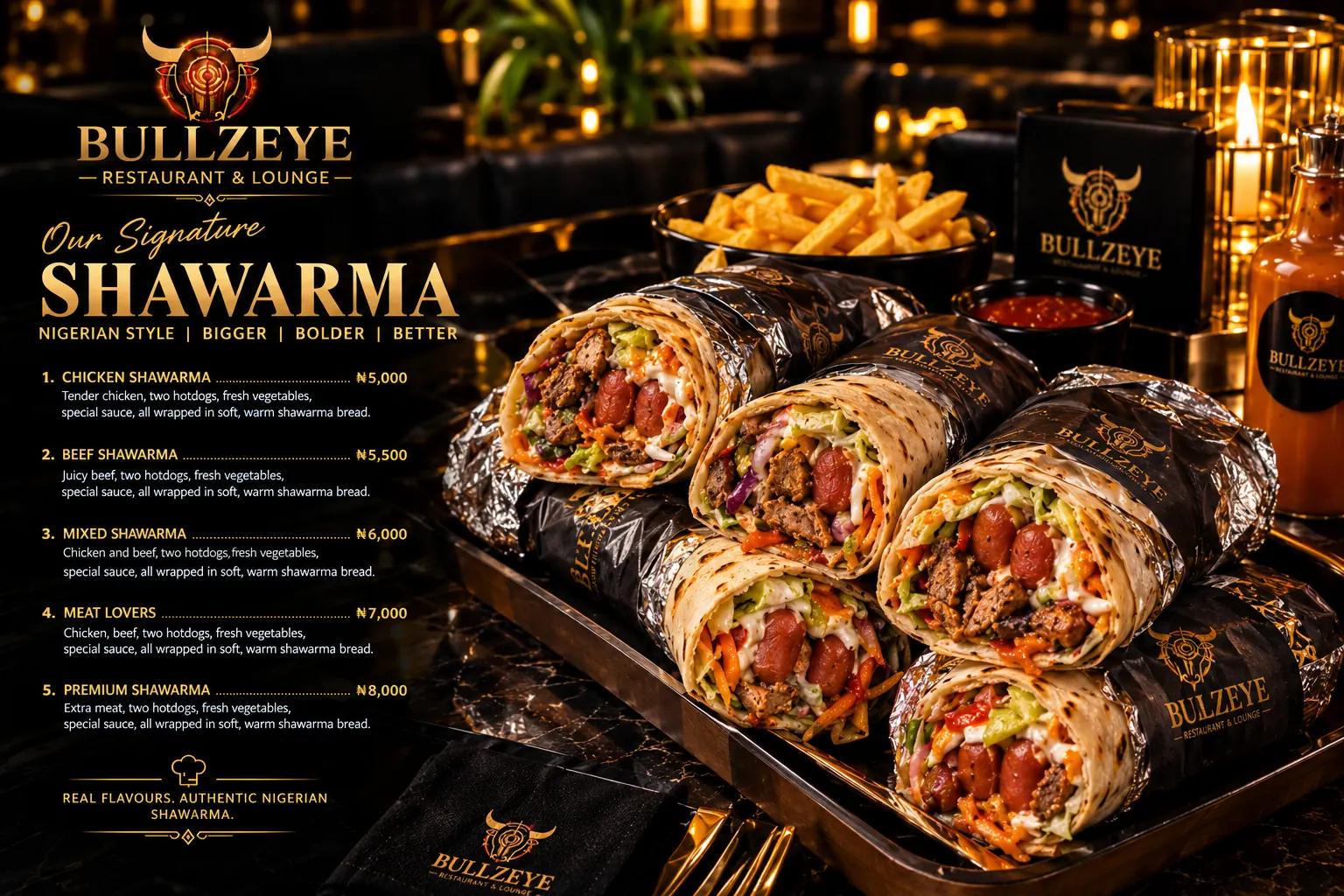 Bullzeye signature shawarma menu board with prices beside wrapped shawarma